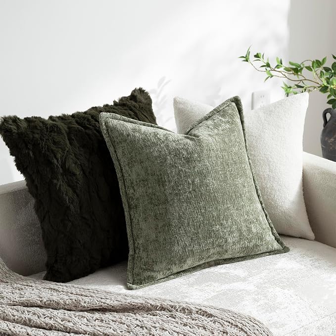 DEZENE Pack of 2 Sage Green Christmas Decorative Throw Pillow Covers 22x22 Cozy Soft Chenille Accent Vintage Square Couch Pillow Covers for Home Decor Bed Sofa Living Room