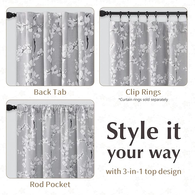 FMFUNCTEX 100% Blackout Grey Floral Curtains 63 Inch Rod Pocket 2 Panels | Black Out Drapes, Thermal Insulated Cottage Farmhouse, Blossom Flower Patterned Curtain for Bedroom, Living Room Darkening
