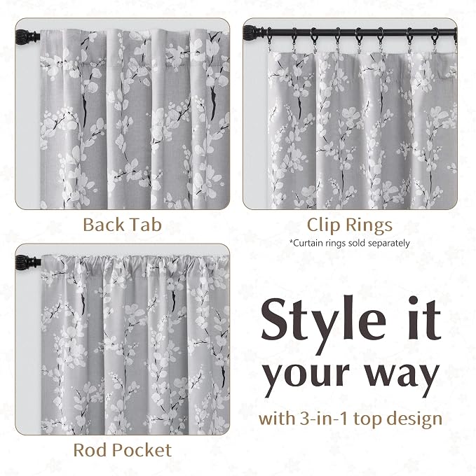 FMFUNCTEX 100% Blackout Grey Floral Curtains 96 Inch Rod Pocket 2 Panels | Black Out Drapes,Thermal Insulated Cottage Farmhouse, Blossom Patterned Extra Long Curtain for Bedroom, Living Room Darkening