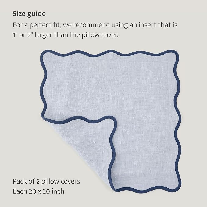 Double Stitch Scalloped Throw Pillow Covers - 100% Cotton Set of 2 Decorative Boho Pillow Covers 20 x 20, Made in India, Square Cushion Case, Modern Home Decor for Couch Sofa Living Room, Arctic Blue