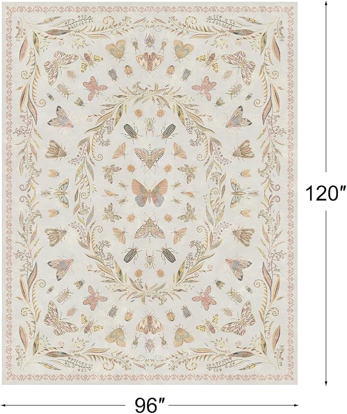 Lunasun Cute Rugs for Bedroom Girls - Pink Living Room Rugs 8X10, Dining Room Table, Washable Pastel Flower Insect Print Whimsical Décor