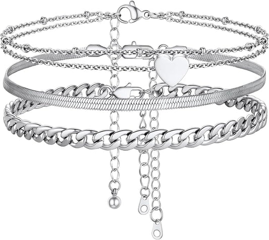 FOCALOOK Anklet Bracelets Set for Women, 14K Gold Plated Waterproof Cuban Link Chain Layered Anklets Set for Plus Size Ankle 8-10.5 Inch Adjustable Summer Beach Jewelry Gift