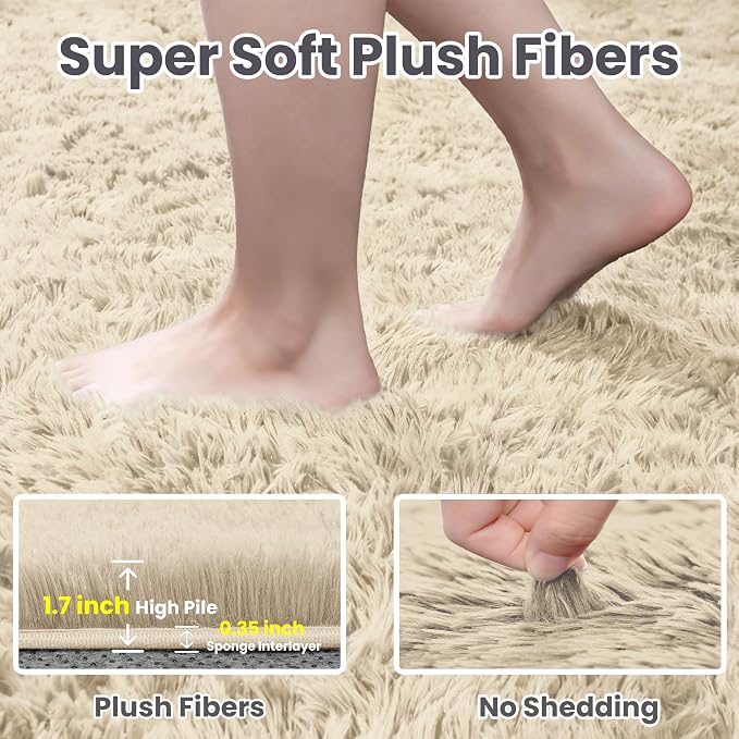 2x6 Bedside Area Rugs for Bedroom: Soft Fluffy Shag Beige Rug for Hallway, Non-Slip Fuzzy Plush Living Room Rug Indoor Floor Carpet for Kids Rooms, Dorm, Nursery, Modern Home Aesthetic Decor
