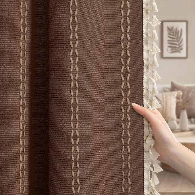 Brown Boho Blackout Curtains 2 Panels 84 Inch for Living Room Bedroom, Linen Texture Farmhouse Curtains with Tassels and White Cotton Embroidery Vintage