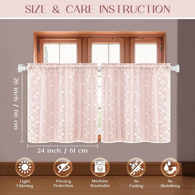 ASPMIZ Linen Pink Kitchen Tier Curtains 24 Inch Length, Double Layered Kitchen Curtains with Linen and Lace, Rod Pocket Short Window Curtain, Farmhouse Window Treatments for Bathroom, Cafe, 2 Panel