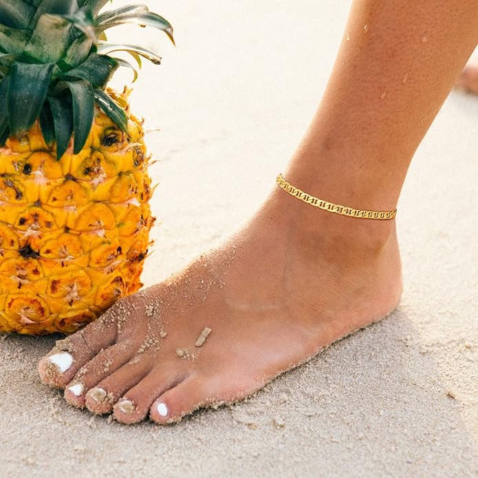 FOCALOOK 14K Gold Plated Anklets for Women Waterproof Plus Size Ankle Bracelet 8.5-10.5 Inch Adjustable Mariner/Figaro/Flat Snake/Cuban Link Chain Anklet Jewelry for Summer Beach Holiday
