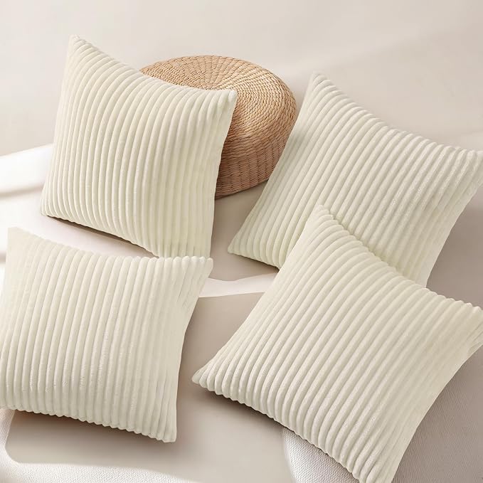 decorUhome Flannel Cream White Throw Pillow Covers 20X20 Set of 4 | Decorative Fall Soft Fluffy Striped Double-Sided Couch Pillow Covers, Modern Farmhouse Pillow Cases for Sofa bed Home Decor