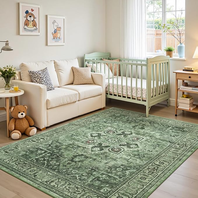 Sage Green Boho 6x9 Living Room Rugs - Floral Aesthetic Distressed Dining Room Rug for Under Table, Lightweight Washable Foldable Low Pile Moss Green Carpet, Eclectic Farmhouse Bedroom Décor