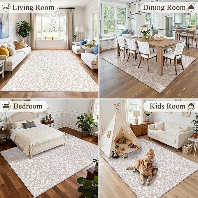 Vaukki 5x7 Area Rug for Living Room, Soft Fluffy Washable Modern Floral Indoor Floor Mat, Non Slip Shaggy Boho Accent Throw Carpet for Bedroom, Living Room, Nursery and Dining Room, Beige and White