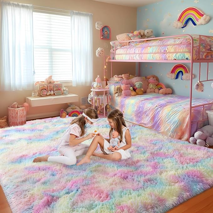 qulint 5x7 Fluffy Area Rug for Bedroom, Fuzzy Colorful Kids Rug for Girl | Plush Rainbow Living Room Carpet, Shaggy Modern Carpets for Dorm Classroom Nursery Home Decor Aesthetic