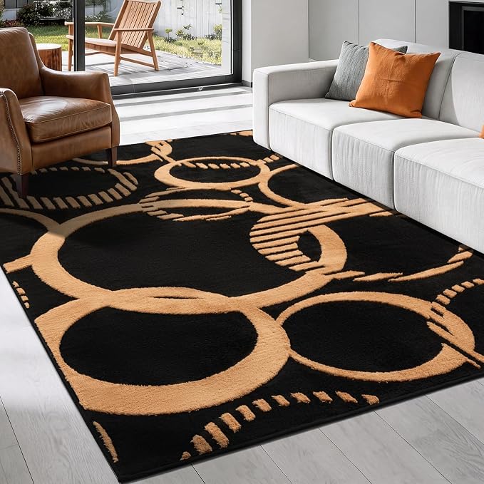 YIHOUSE Black and Gold 8x10 Area Rugs for Living Room Washable | 3D Textured Rug for Bedroom Non Slip, High and Low Pile, Soft Modern Carpet for Dining Room Playroom Home Office Decor