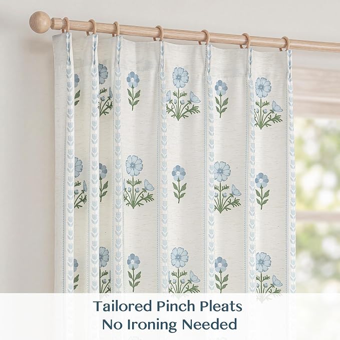 THREE GIRLS Pinch Pleated Light Filtering Linen Blend Floral Block Print Curtains for Living Room, Bedroom, Modern Farmhouse, Memory Trained, Hooks, 2 Panels Set, 40"x84", Blue