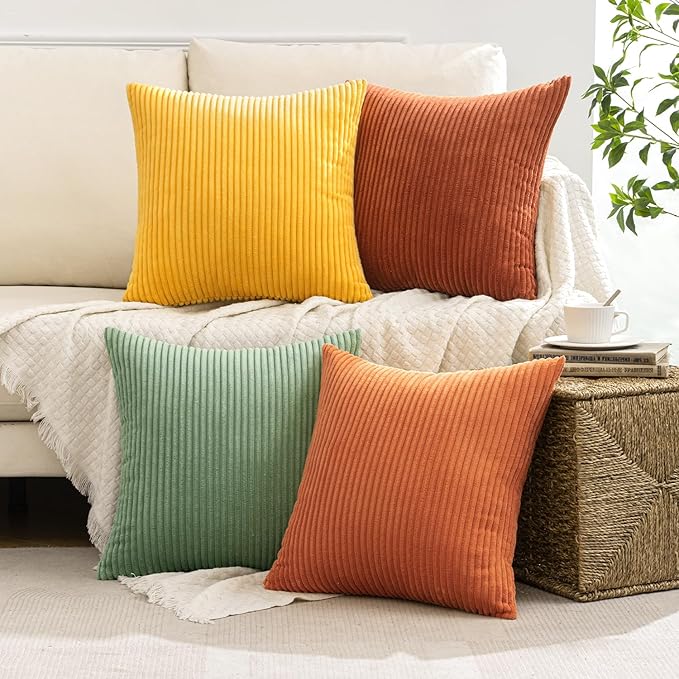 MIULEE Decorative Throw Pillow Covers 18x18 Inch Set of 4, Vibrant Cushion Covers Vintage Retro Fall Home Decor, Mix and Match Color Clash Design for Sofa Couch Bed Living Room Yellow Rust Green
