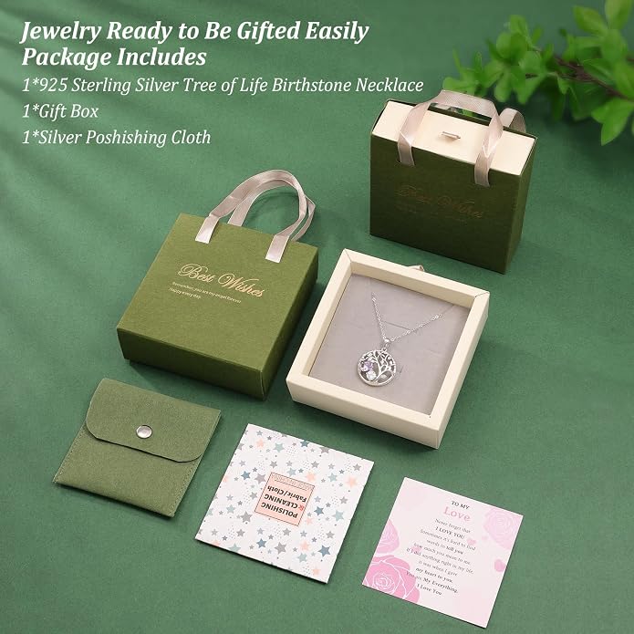 Tree of Life Birthstone Necklace for Women 925 Sterling Silver Birthstone Pendant 12 Months Necklaces with Zircon Birthday Gifts for Women, Mom, Grandma Cable Chain 18"+2"