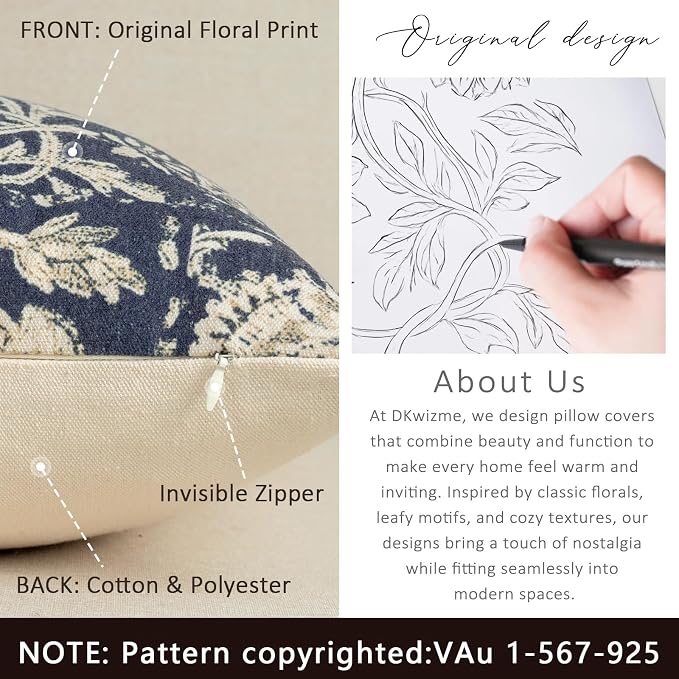 Vintage Floral Print Throw Pillow Covers 22x22 Set of 2 Neutral Modern Farmhouse Pillow Cases Accent Decorative Cushion Covers Boho Home Decor for Couch Sofa Chair Bed Living Room, Navy