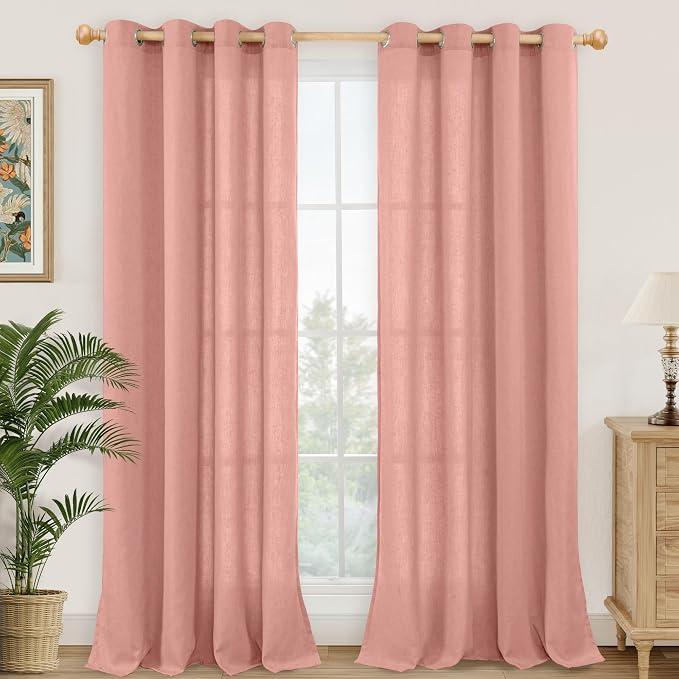 YoungsTex Dusty Rose Linen Curtains for Living Room Spring Decor, Blush Light Filtering Window Drapes with Grommet for Bedroom Dining Room Privacy 2 Panels, 52 X 90 Inch