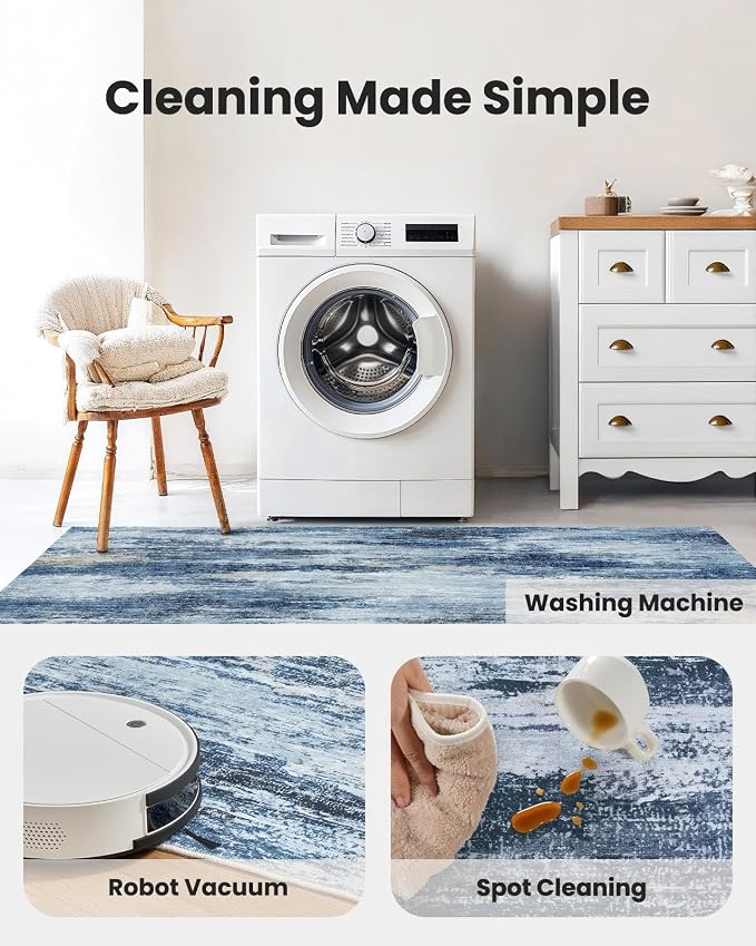6x9 Area Rugs for Living Room, Modern Abstract Washable Rug with Non-Slip Backing & Low Pile Indoor Carpet for Nursery Room, Bedroom and Dinning Room, Blue