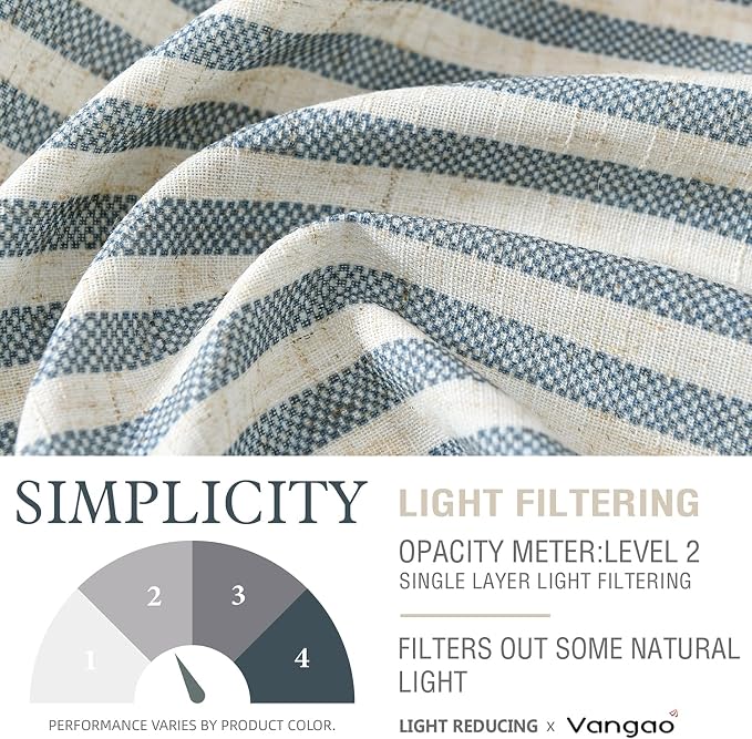 Vangao Blue Stripe Linen Tiers Curtains 24 Inch Farmhouse 2 Panels | Light Filtering, Semi Sheer, for Kitchen, Living room, Tickingstripe Drapes, Pinstripe, Window Treatments
