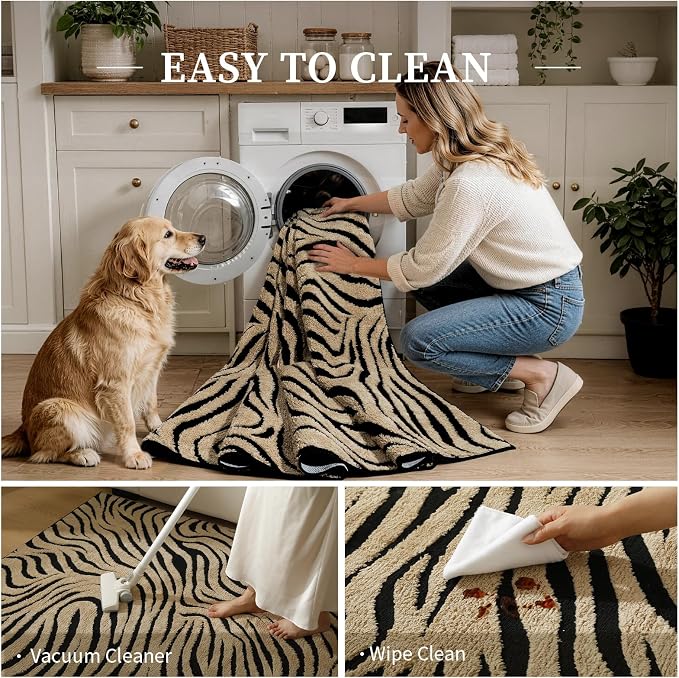 YIHOUSE 6×9 Ft Zebra Area Rugs Black and Beige: Washable Nonslip Plush Soft Rug for Living Room - High-Low Striped Carpet for Bedroom Dining Room Office Playroom Nursery Home Decor