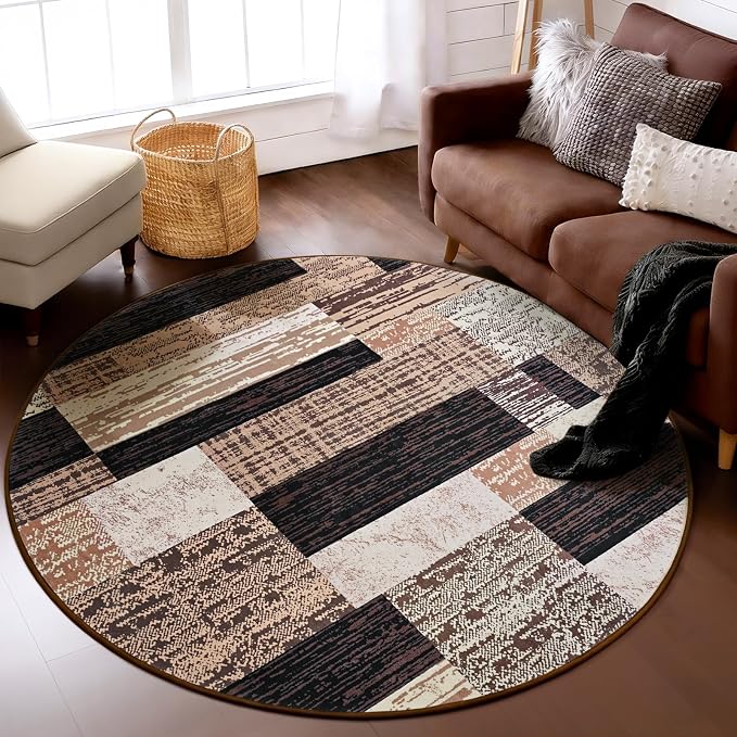 FlyDOIT Modern Round Area Rug for Living Room, 5Ft Washable Round Rug Chocolate Geometric Patchwork Circle Rugs for Dining Room Table, Large Circular Floor Carpet for Bedroom Home Office