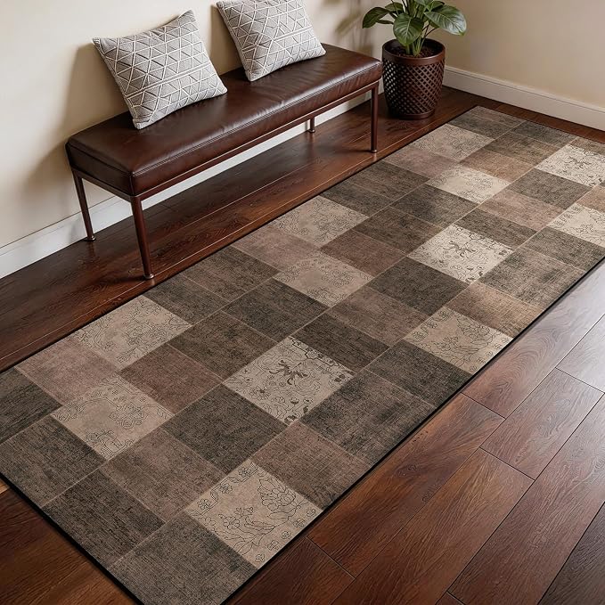 LIANLAM 2x6 Washable Runner Rug for Hallway&Kitchen,Non-Slip Long Carpet with Vintage Boho Checkered Design,Ultra-Thin Low Pile,Stain Resistant Easy Clean Floor Mat for High Traffic Areas(2x6,Brown)