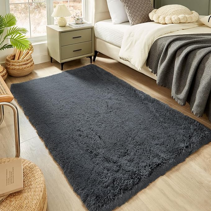 Floralux Area Rugs for Living Room, Dark Grey, 4x6 Rug for Bedroom, Fluffy Shag Shaggy Soft Carpet, Non-Slip Indoor Floor Carpets for Nursery, Kids Baby Boys Teen Dorm Home Decor Aesthetic