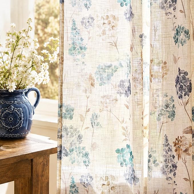 jinchan Floral Linen Curtains 63 Inch Vintage Cottagecore Back Tab 2 Panels | Light filtering drapes, semi sheer, farmhouse, botanical, watercolor, living room, bedroom, rod pocket, window treatment