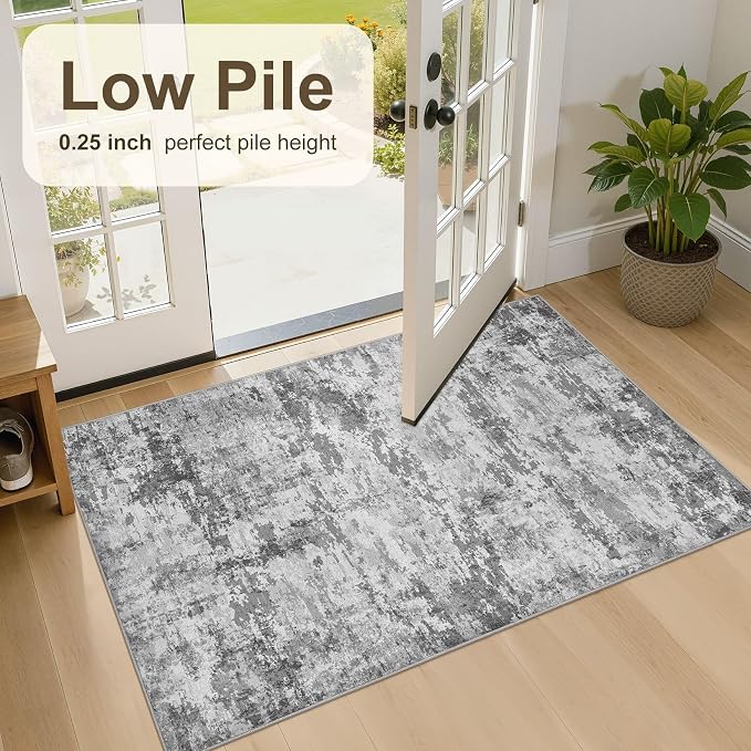 Neutral Washable Area Rug 3x5, Abstract Small Rugs for Entryway | Neutral Modern Non Slip Carpet, Stain Resistant and Joint-Friendly, Made for Bedroom, Kitchen, Indoor Front Door - Dark Gray