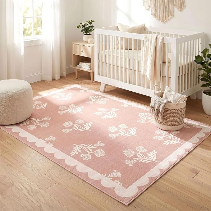 Pink Floral Rug for Girls Bedroom - 3x5 Soft Washable Non Slip Boho Bathroom Rug Preppy Cute Scalloped Small Throw Rugs for Entryway Kitchen Nursery Kids Room Playroom Dorm Home Decor