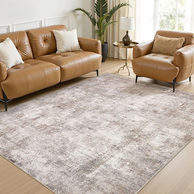 7x9 Area Rug, Non Slip Low Pile Washable Large Rug for Living Room | Soft Modern Abstract Carpet, Stain Resistant Kid & Pet Friendly, Made for Dining Room, Nursery, Home Office Indoor - Brown