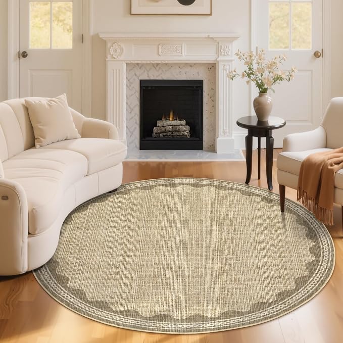 6ft Scalloped Round Rug Jute Washable Living Room Bedroom Area Rugs | Small Solid Rug for Bedroom Girls, Non Slip Scalloped Round Bath Mat, Soft Dorm Nursery Carpet for Bedside