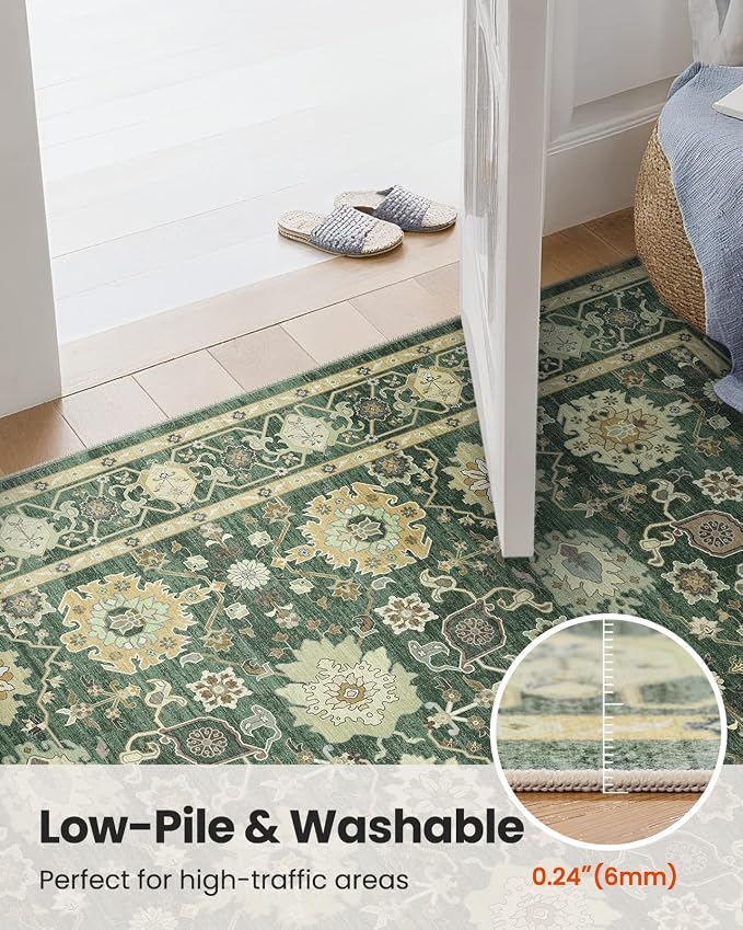 AMADA HOMEFURNISHING 8x10 Area Rug for Living Room, Vintage Washable Area Rug Low-Pile & Non-Slip Carpet for Bedroom Dining Room Nursery Home Office, Olive Green