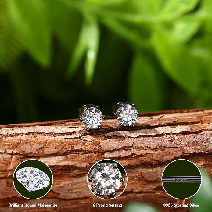 Moissanite Stud Earrings : 18K White Gold Plated Solid 925 Sterling Silver Earring Hypoallergenic Dainty Flat Back Stud Earrings Jewelry for Women Men D Color VVS1 Clarity