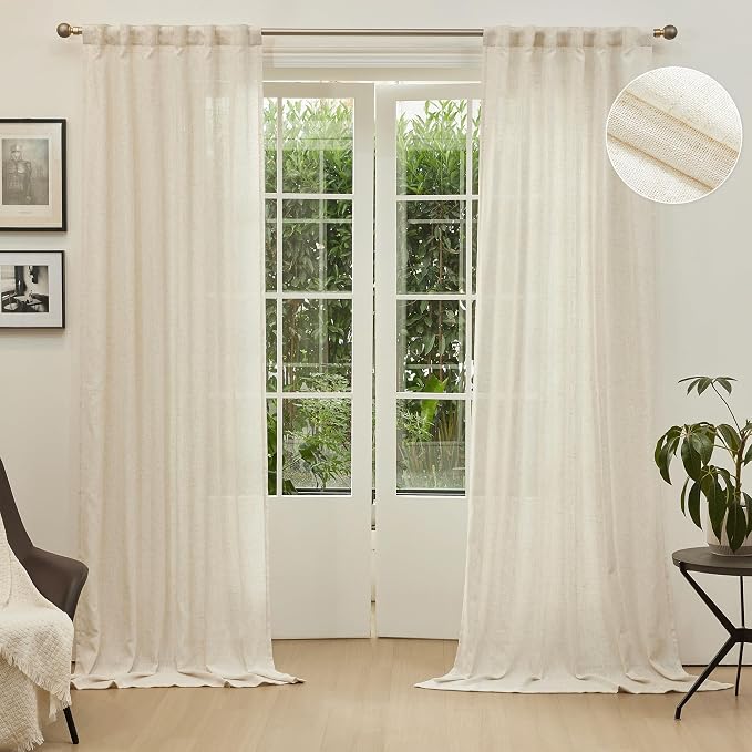 MYSKY HOME Linen Curtains for Sliding Glass Door, Back Tab Semi Sheer Curtain Panels Extra Long Floor Length Drapes Linen Texture Soft Touch Country Curtains, 50x102 Inch, Linen, Set of 2