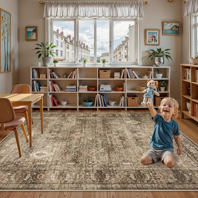Lahome Margot Vintage 6x9 Washable Brown Rugs for Living Room Bedroom, Soft Dining Room Rugs for Under Table, Non Slip Indoor Throw Carpet for Entryway Kitchen Office (6x9ft,Brown)