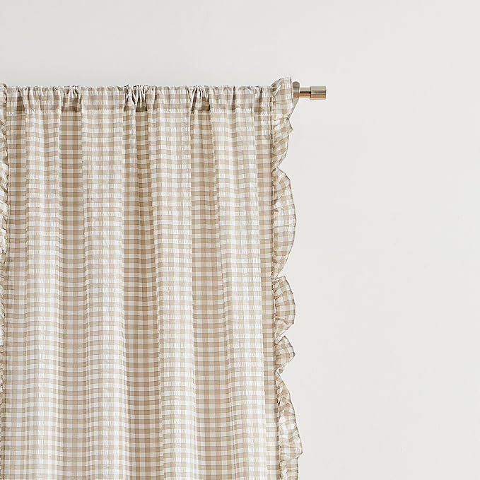 ZJDECOR Khaki White Plaid Ruffle Window Curtains 95 Inches Long for Bedroom | Crinkled Not-See-Through Sheer Panels,Gingham Rustic Drapes,Living Room,Cottage Window Treatment,Rod Pocket,40"Wx95"Lx2