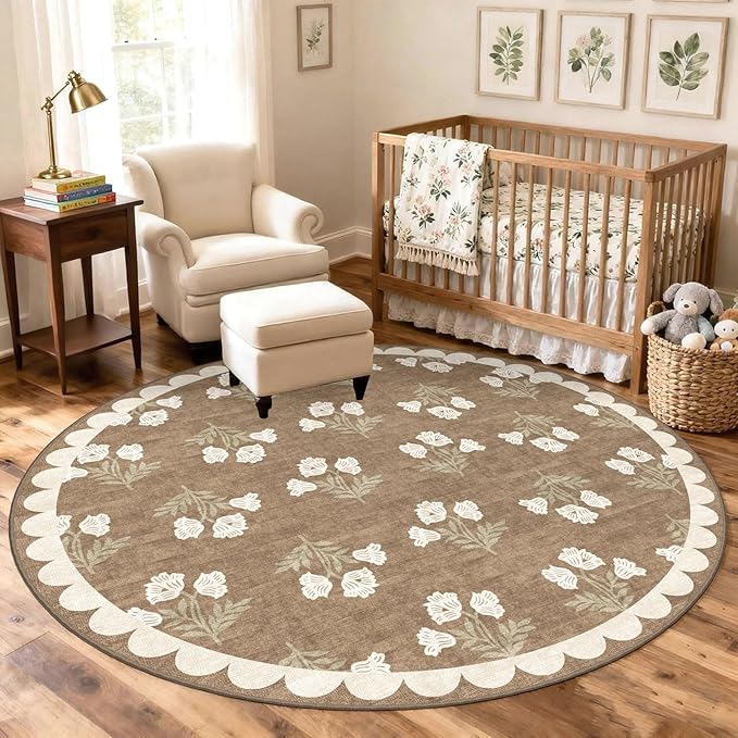 Tan Entryway Round Rug 4ft - Washable Boho Floral Neutral Farmhouse Scalloped Round Area Rug for Bedroom Non Slip Stain Resistant Circle Rugs for Living Room Kitchen Entryway Bathroom Nursery