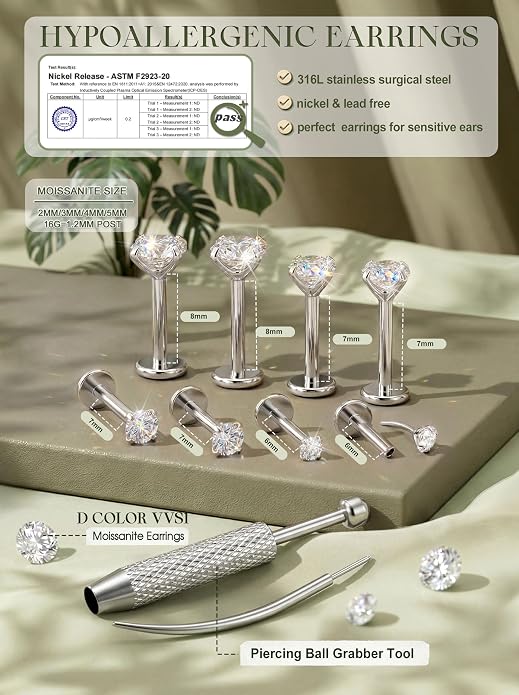 LOLIAS 4 Pairs Moissanite Flat Back Earrings Hypoallergenic-Threadless Push in Nose Rings Studs for Women Men 14K Gold Plated Surgical Steel Cartilage Helix Tragus Labret Piercing Jewelry Kit Taper Ball Grabber Tool 20G 18G 16G