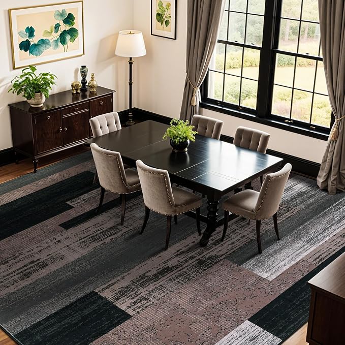 LIANLAM 10x12 Washable Area Rugs for Living Room & Bedroom(10x12,Chocolate) | Non-Slip Large Carpet,Vintage Checkered Pattern, Stain Resistant Faux Wool Low Pile Soft Rug for Dining Room,Office,Nursery