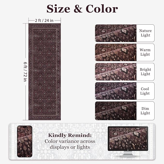 Fig 2x6 Hallway Runner Rugs Non Skid Washable, Earth Tone Dark Academia Carpet Runners for Ktichen 6ft, Luxurious Boho Vintage Floral Trellis Runner for Bedroom/Bathroom/Entryway/Laundry Room