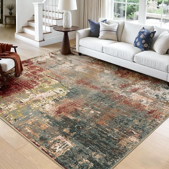 RELEANY Washable Area Rugs Square 9ft Non-Slip Modern Abstract Soft for Living Room Entryway Bedroom Kitchen, Print Pattern, Brown Rust Red Green Blue Multi