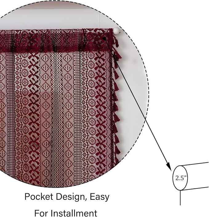 Sutuo Home Burgundy Sidelight Curtains for Drapery Glass & Patio, French Door Curtains for Front Door Entryway Farmhouse Semi Sheer Vintage Chic Cottagecore Tassels, Rod Pocket 2 Panels 25" W x 40" L