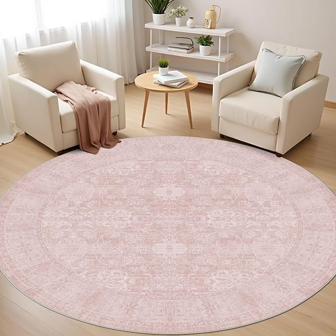 Round 4Ft Washable Area Rug, Pink | Vintage, Non Slip Boho Carpet, Non-Shedding Circle Rug, Soft Indoor Stain Resistant, Floral Print