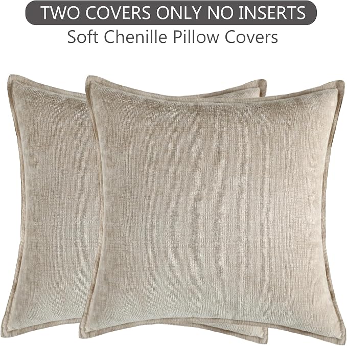 Stellhome Pack of 2, Soft Chenille Soild Throw Pillow Covers Accent Cushion Case Boho Farmhouse Neutral Decorative Pillowcase for Couch Sofa Bedroom Living Room Home Decor 16 x 16 Inch, Light Tan