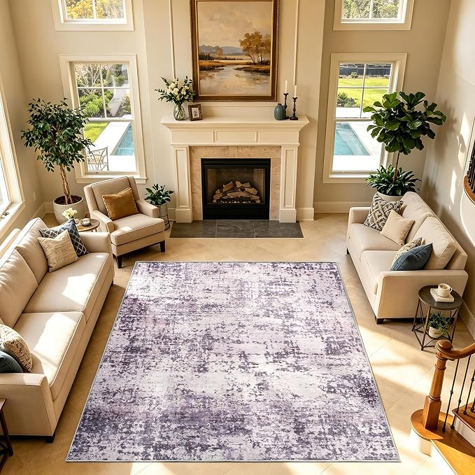 8x10 Area Rugs Living Room Rug Abstract Washable Rug Non-Slip Soft Low Pile Indoor Floor Stain Resistant Thin Carpet for Bedroom Dining Room Home Office Farmhouse Nursery - Dusty Blue & Cream 8' x 10'