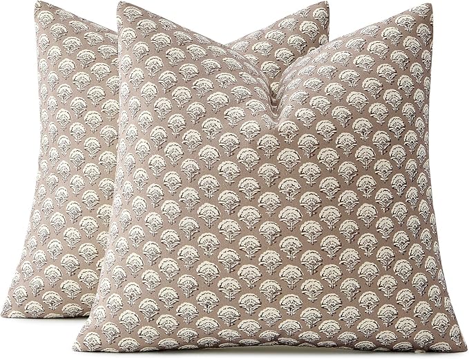 MIULEE Set of 2 Decorative Floral Euro Shams Pillow Covers Neutral Vintage Throw Pillows Block Print Boho Farmhouse Cushion Covers for Modern Home Decor Couch Bed Living Room, 26x26 Inch, Light Taupe