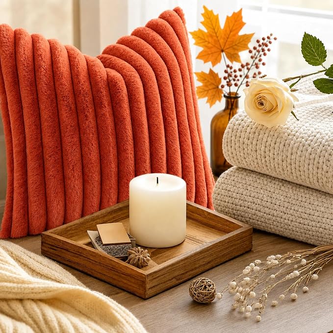 decorUhome Fall Faux Fur Throw Pillow Covers 22x22 Set of 2 Rust | Decorative Soft Cozy Striped Plush Modern Farmhouse Boho Couch Pillow Cases Velvet Back for Sofa Bed Living Room Home Decor