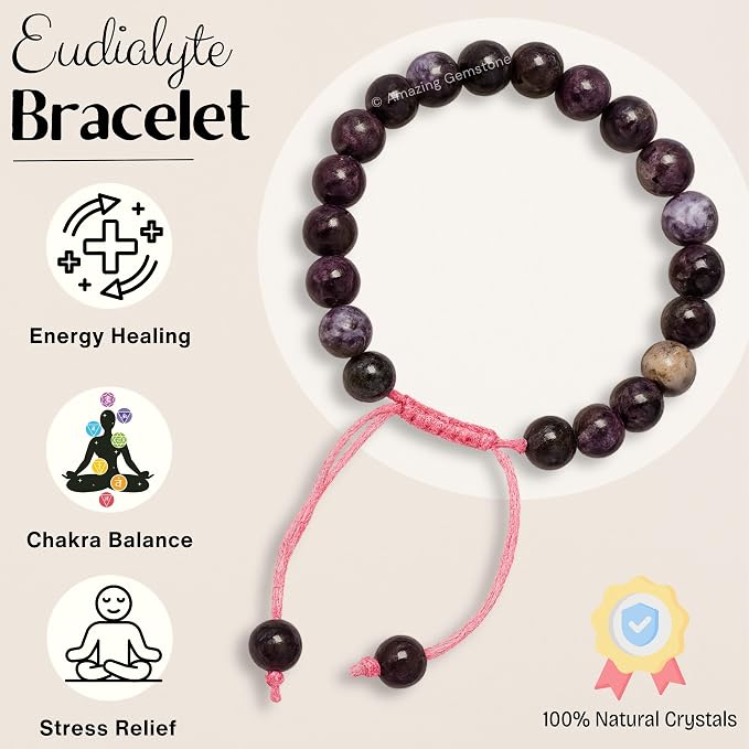 Amazing Gemstone Eudialyte Bracelet, Gifts for Men & Women - Protection Healing Crystal Bracelet - 8mm Gemstone Beaded Adjustable Bracelet, Pulseras para Hombres Mujer Stocking Stuffers