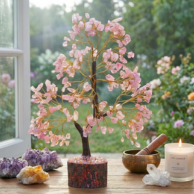 Rose Quartz Crystal Tree of Life - Chakra Feng Shui Tree with Positive Energy - Meditation Gift - 300 Beads