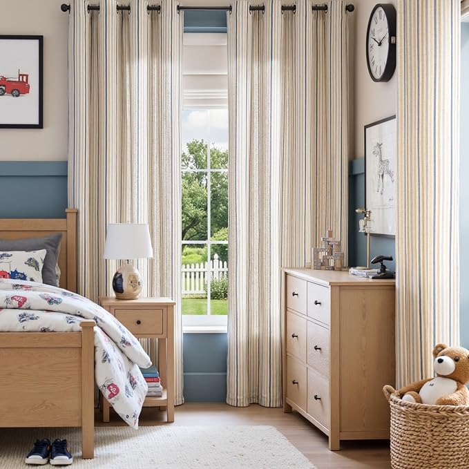 Vangao Linen Stripe Nursery Curtains for Kids Tickingstripe Light Filtering Window Curtains Colorful Pinstripe Printed Drapes 84 Inches Long for Living Room Girls Bedroom Colorful Blue 2 Panels